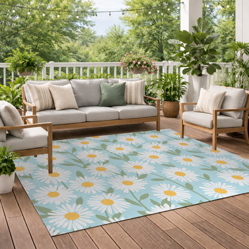 Sweet Daisy Decorative Outdoor Rug, Sky Blue, Rectangle 5' x 7'