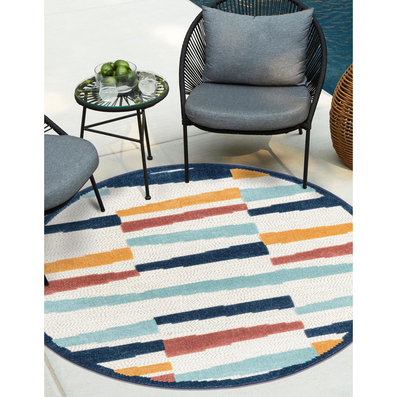 Tapis intérieur / extérieur à rayures Berberia bleu / orange / rouge, Rond 3 pi 3 po