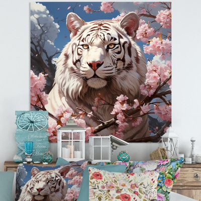 Art floral en métal rose avec tigre blanc