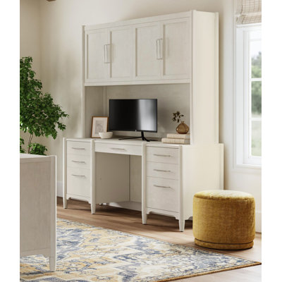 Modern Wood Desk with Hutch, Office Storage, Writing Table with Cabinet, Fully Assembled, White