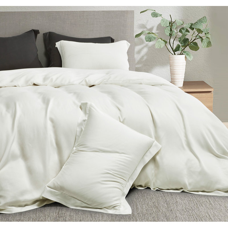 Queen Dove White Tencel Lyocell Silky Duvet Cover Set