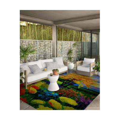 Tapis multicolore à motif de prairie et d'arbre à motif de fleurs décoratif moderne lavable à la machine