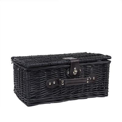 7.25" x 15.5" Black Hand Woven Willow Insulated 2-Person Picnic Basket Set with Accessories