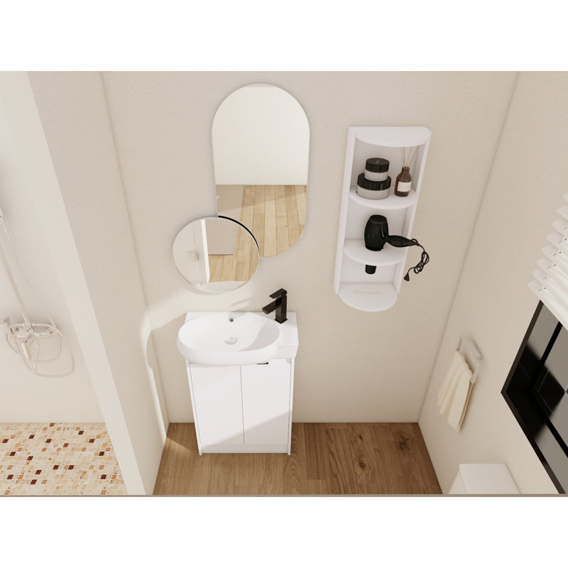  Ensemble de meuble-lavabo sur pied 23 po avec lavabo simple en céramique et support de rangement mural blanc brillant