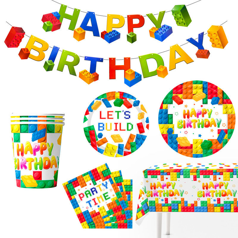 Building Block Party Supplies Tableware-66pcs Colorful Building Block Birthday Party Decorations set