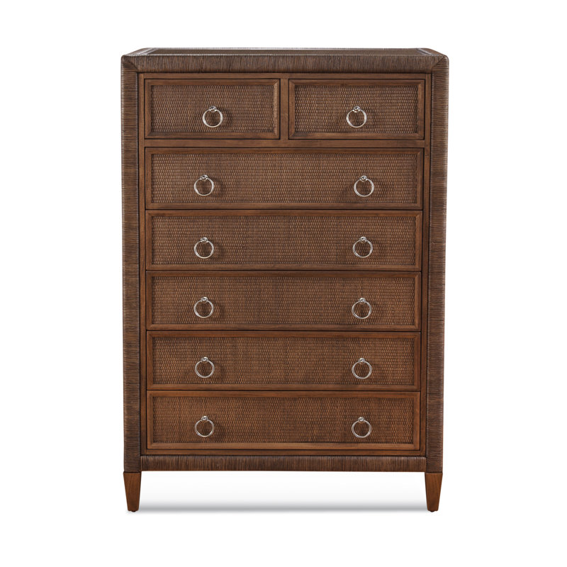 Commode verticale en bois massif et osier 7 tiroirs Warwick, Café, Nickel satiné