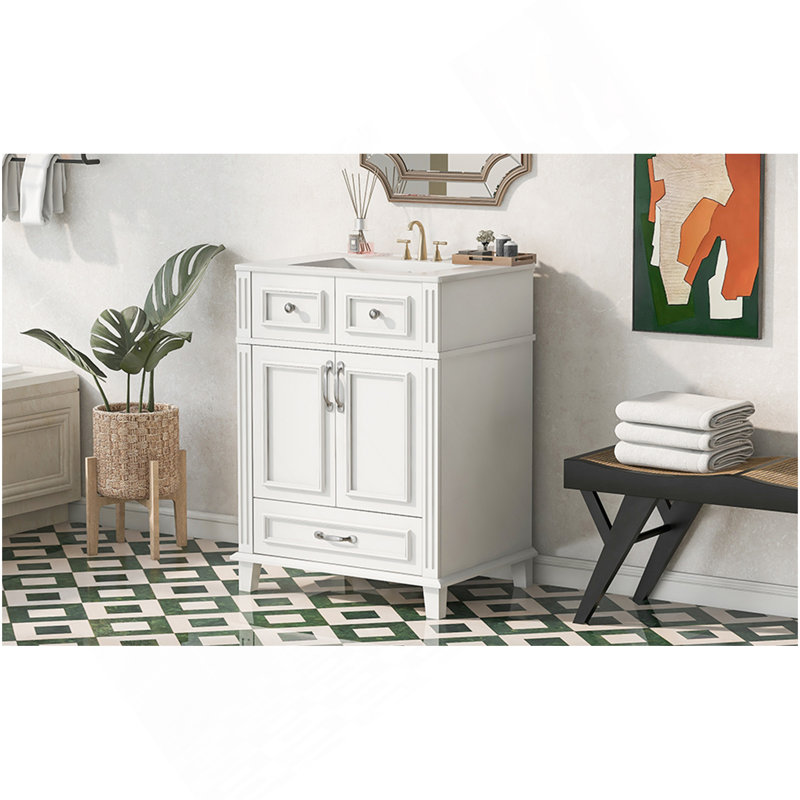 Meuble-lavabo de salle de bain 24 po avec lavabo en céramique, armoire de rangement en bois avec portes à fermeture douce, style rétro, blanc