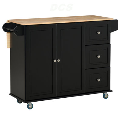 Mobile Kitchen Island With Drop Leaf, Storage Trolley Cart On Wheels, Towel/Spice Rack, 3 Drawers, 2-Door Cabinet, Black, Kitchen Island
