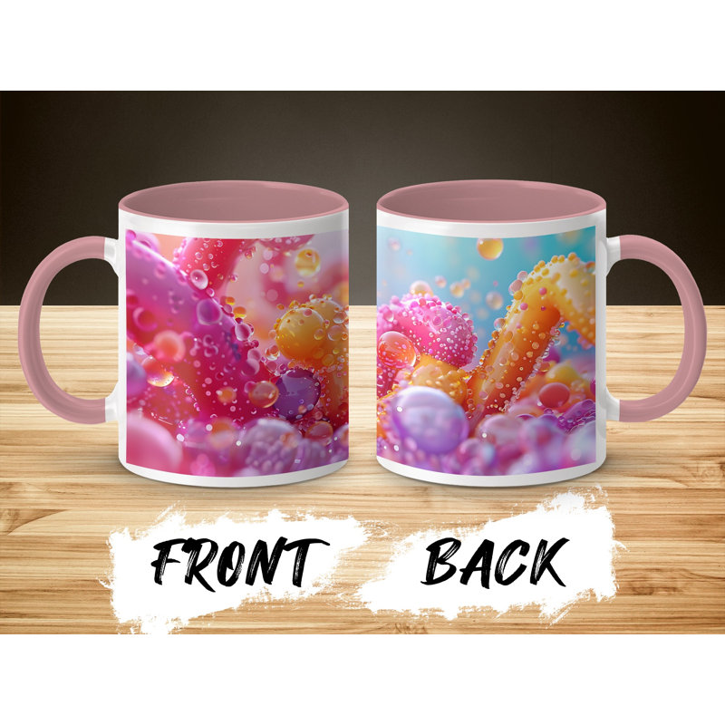 Set of 2 3D Design 11oz Accent Mugs – Ceramic Coffee Cups with a Pink Handle and Interior