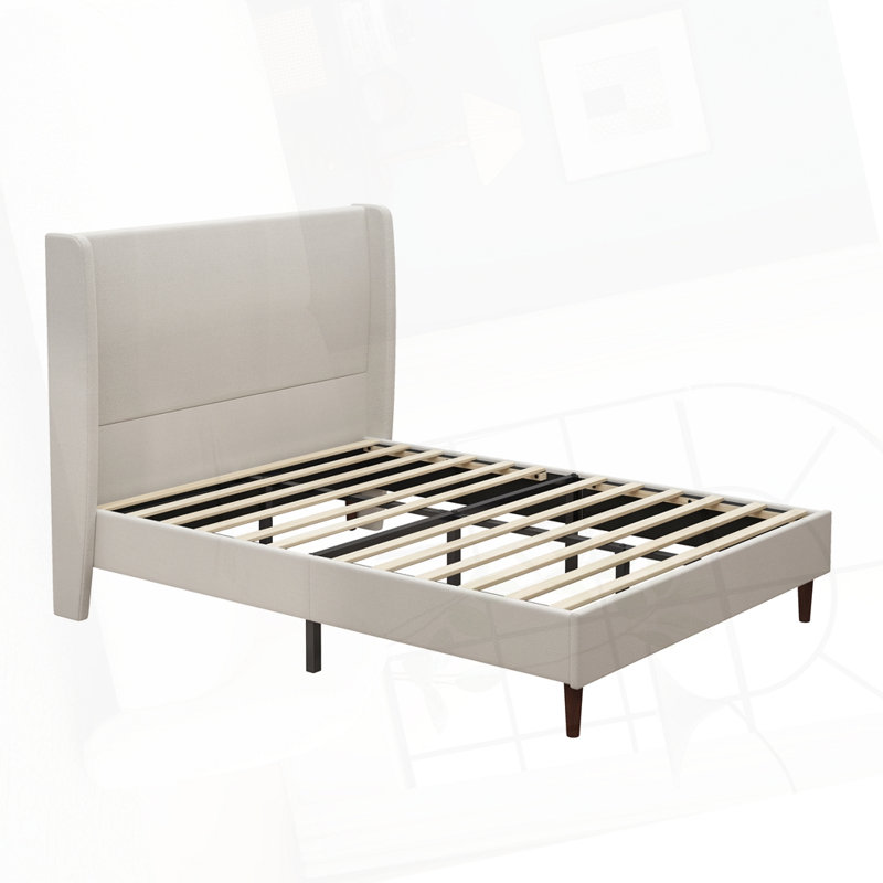Structure de lit en chenille avec pieds stables en bois massif, Beige, Grand lit