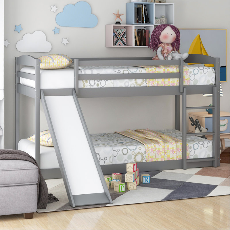 Lit superposé simple au-dessus d'un lit simple avec glissière convertible et échelle, Gris