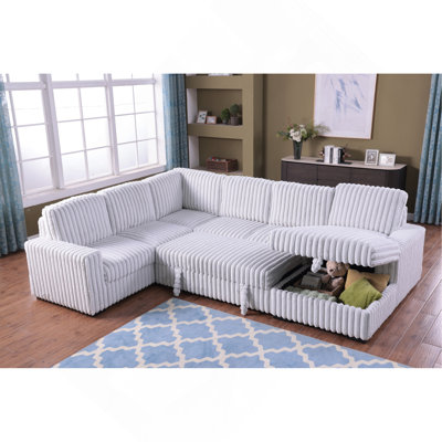 122 Inch Pull Out Couch, Rabbit Plush Fabric Sofa Bed Ports & Comfy Upholstered, Oversized U Shape Sectional Sleeper Sofa Bed With Storage Chaise,GRAYISH WHITE