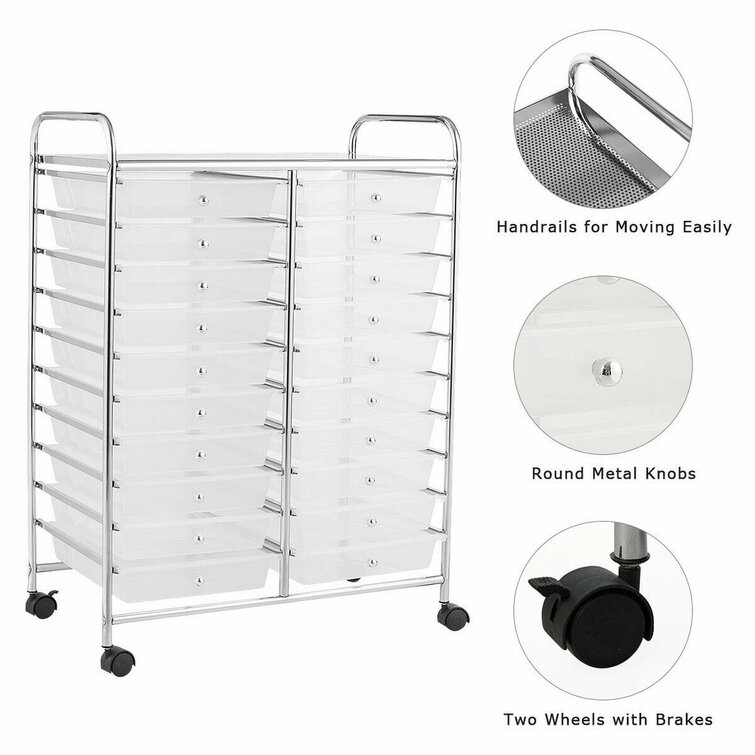 3.95 Gallon 20 Drawer Rolling Metal and Plastic Storage Bin with Wheels,  25.00 X 14.00 X