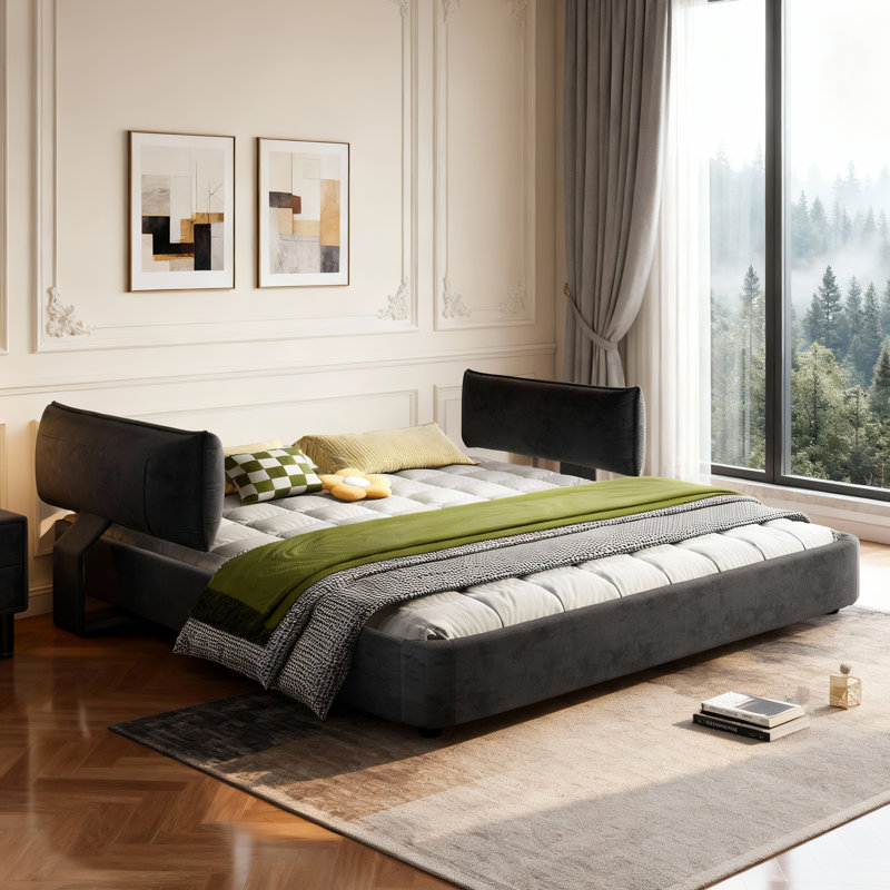 King Size Cloud Bed Frame With Oversized Padded Movable Headboard, Dark Grey, Dark Gray