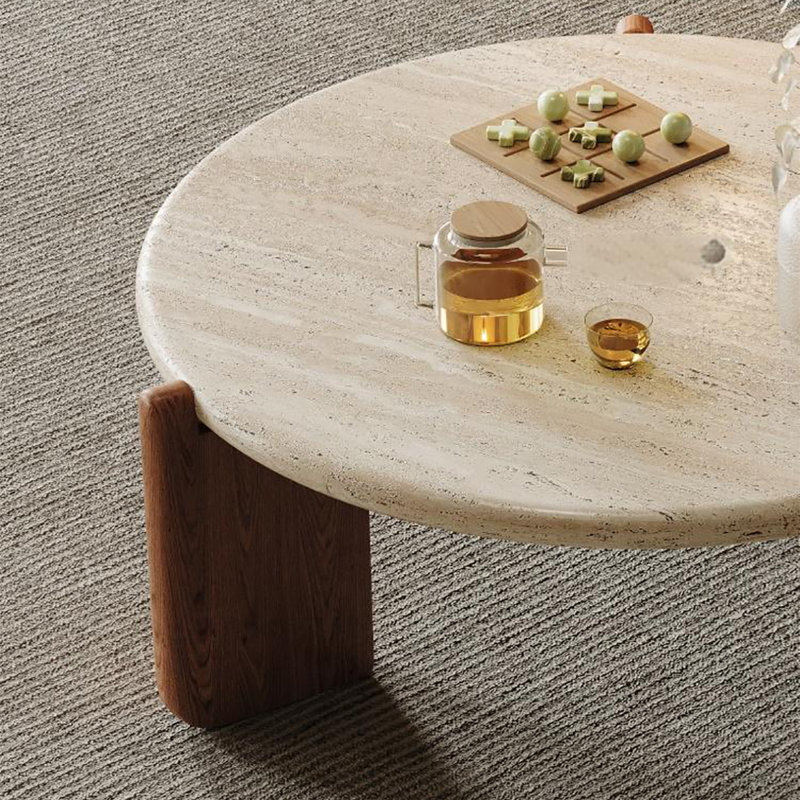Ancient style round solid wood coffee table, 13.8" H x 39.4" L x 39.4" W, Brown