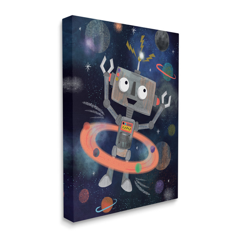 «Quirky Robot Outer Space Universe Surrounding Planets» par Lisa White boutons - reproduction d'art sur toile tendue