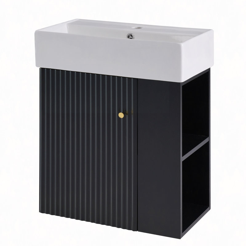 Meuble-lavabo flottant 21,6 po avec lavabo en céramique pour petite salle de bain, rangement à droite, Noir