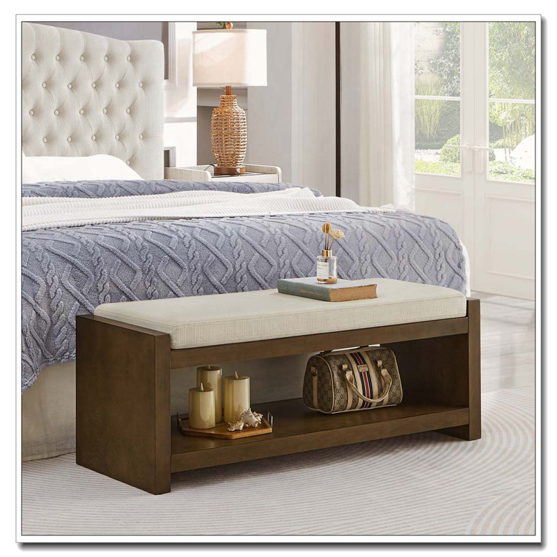 Banc de rangement à structure en bois avec coussin amovible, tablette inférieure, Beige