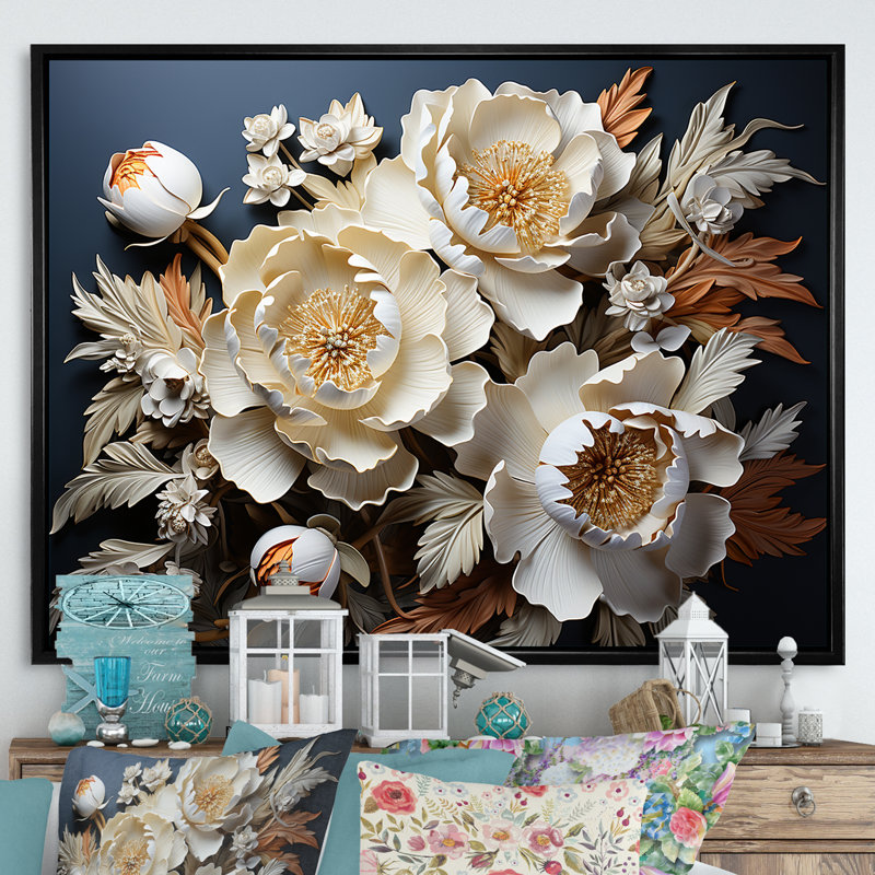Pivoines dévoilées «I Blooms I» sur toile, Cadre flottant noir, H 34 po x l 44 po x P 1,5 po