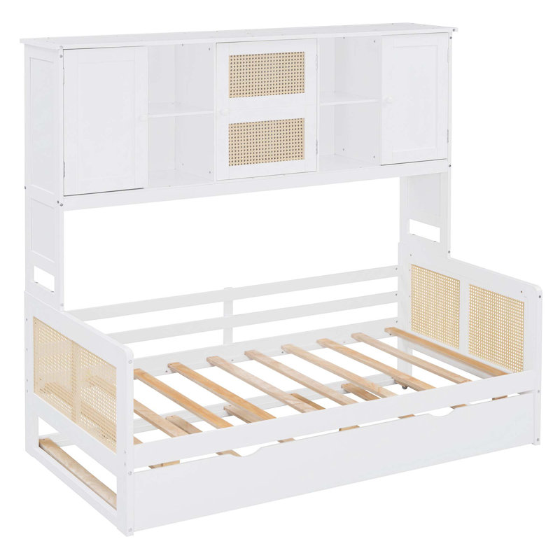 Lit de jour en bois avec lit gigogne simple, armoire et tablette tout-en-un, Lit simple, Blanc