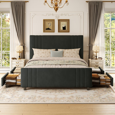 Modern Velvet Upholstered Platform Bed-4 Storage Drawers