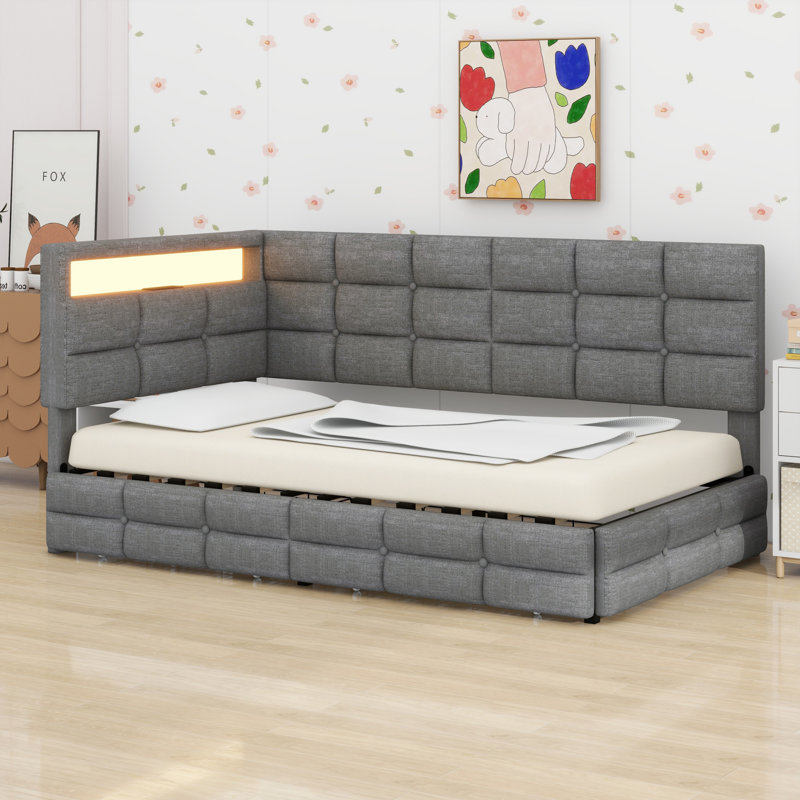 Upholstered Daybed With Storage 2 Drawers And Charging Station, Day Bed Frame With LED Lights And Storage Headboard, Gray