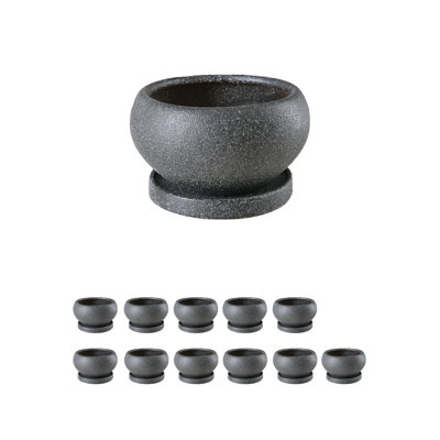  Granite Ceramic Mini Planter, Black Textured Round Pots With Attached Saucers, Modern Indoor Planters For Succulents, Cacti & Tabletop Décor, 6" Diameter & 3.5" Tall, Pack Of 12