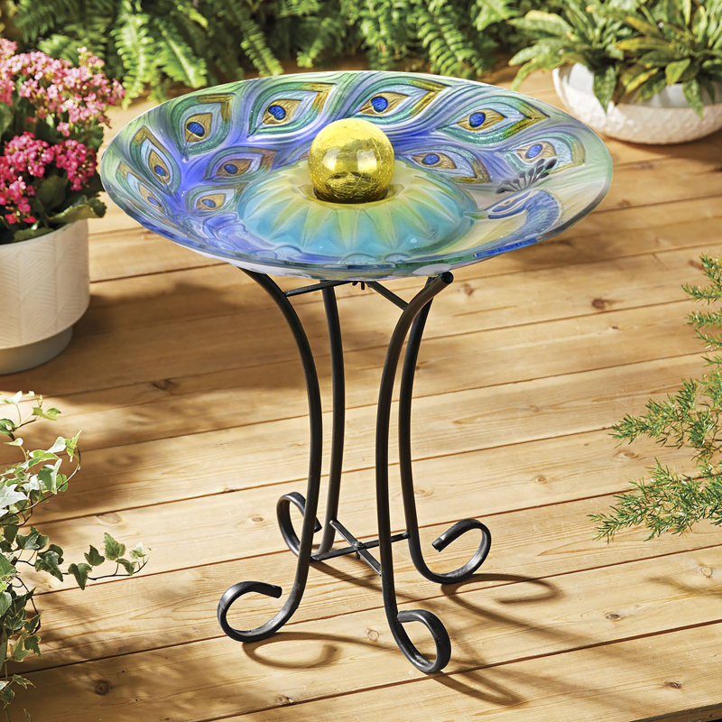  Solar Orb Peacock Glass Bird Bath with Stand