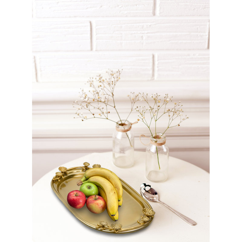 Golden Stainless Steel Floral 14.5" Serving Tray
