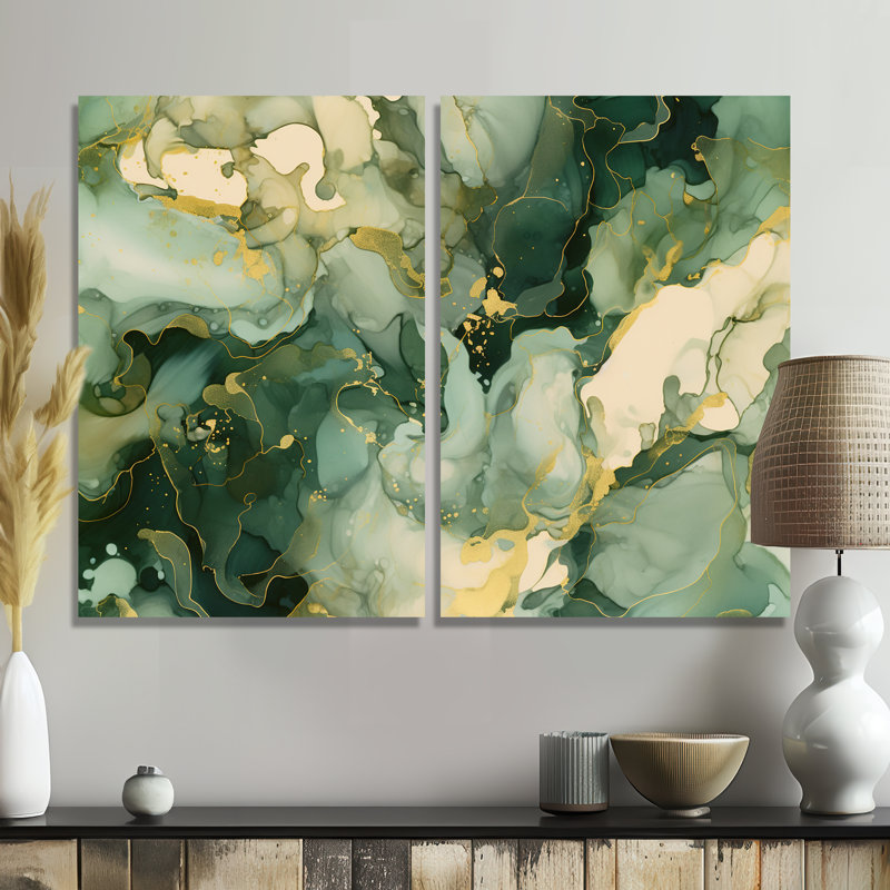 «Green Luxury Abstract Fluid Art I», art mural vert, H 36 po x l 48 po, Toile tendue, Ne s’applique pas