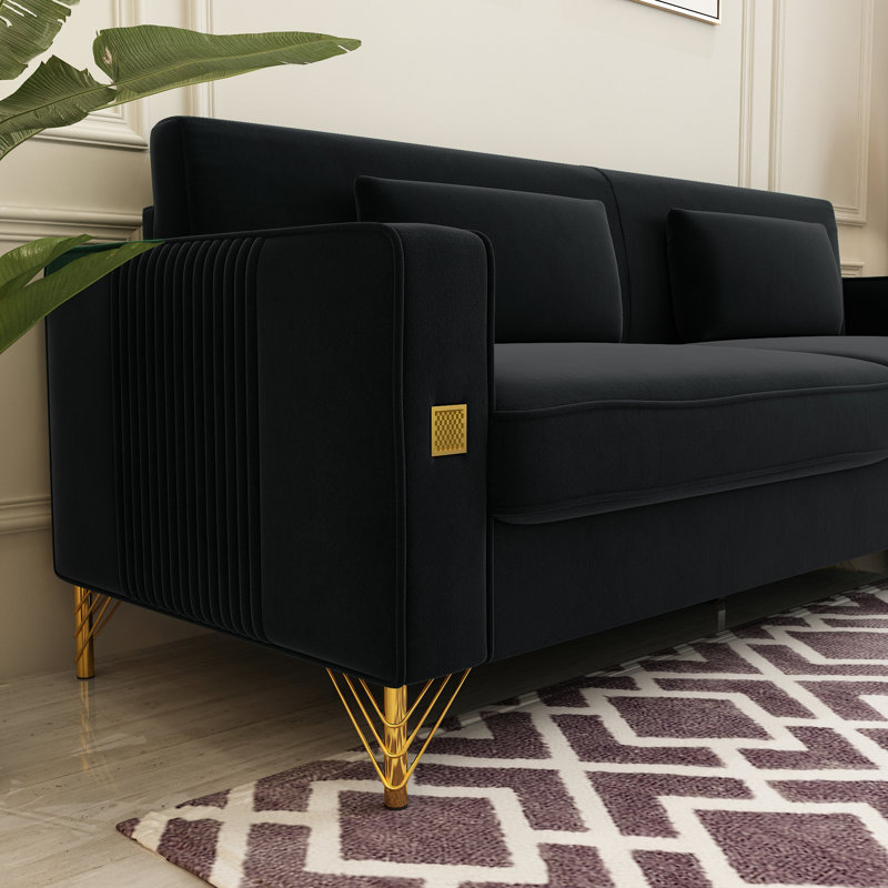 Deondry 85.63" Velvet Square Arm Sofa, Black Velvet