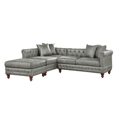 Canapé modulaire 3 pièces gris ardoise respirant, 2 méridienne réversible, 1 roulé, base à densité moyenne, dossier de style contemporain, coussins, pieds en bois