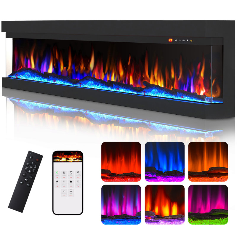 3 Sided Glass Electric Fireplace Multicolors,Inserts And Remote&App Control,Heater And Multicolors Flame Effect Combination,DIY Log&Crystal Combination