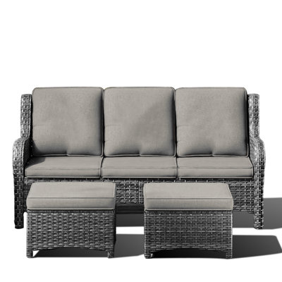 Ensemble de canapé de patio 3 pièces avec canapé 3 places et 2 poufs, mobilier de conversation extérieur rembourré