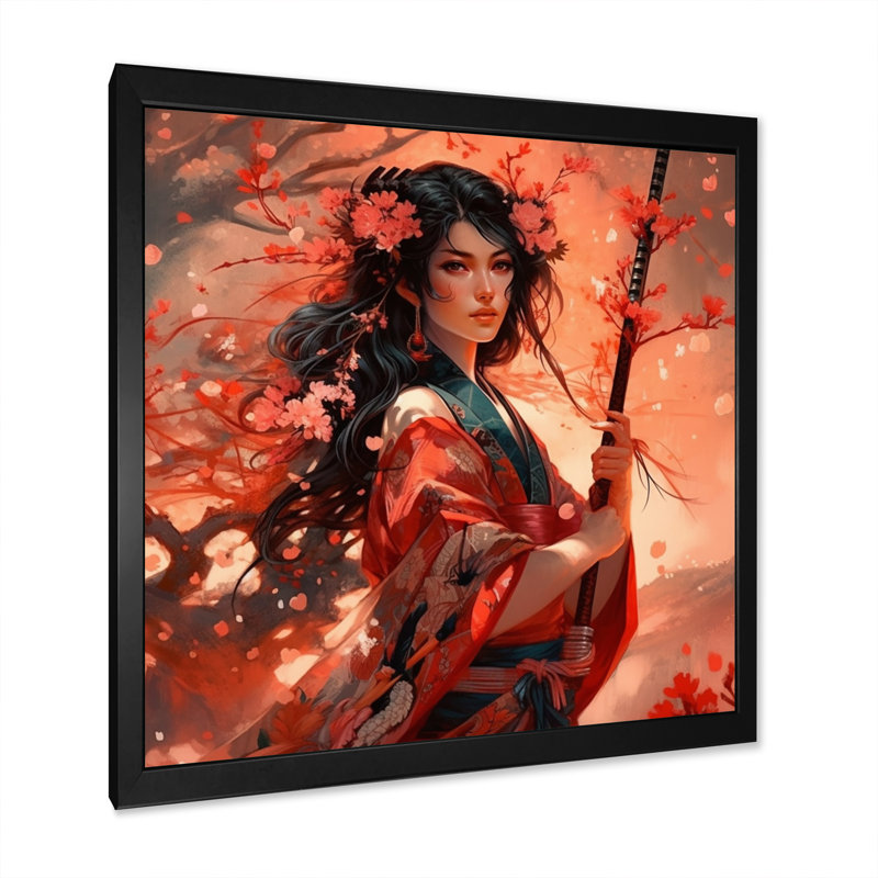 Beauté florale de Samouraï I, Toile encadrée noire à coins fermés, H 16 po x l 16 po x P 1 po