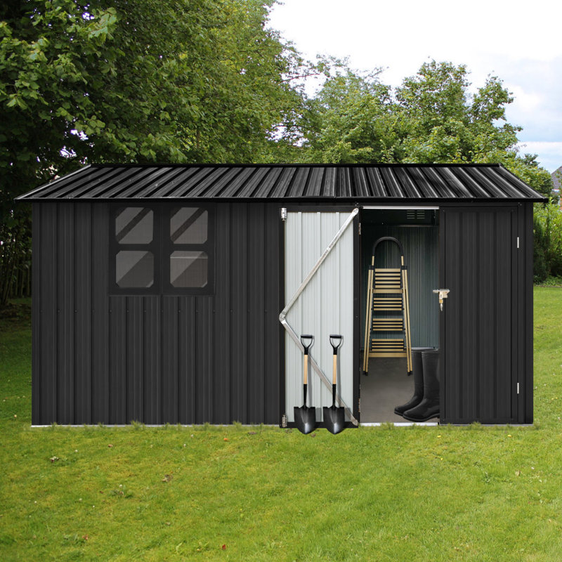 Metal outdoor storage sheds with window, White Black, 80.62" H x 147.61" W x 121.21" D