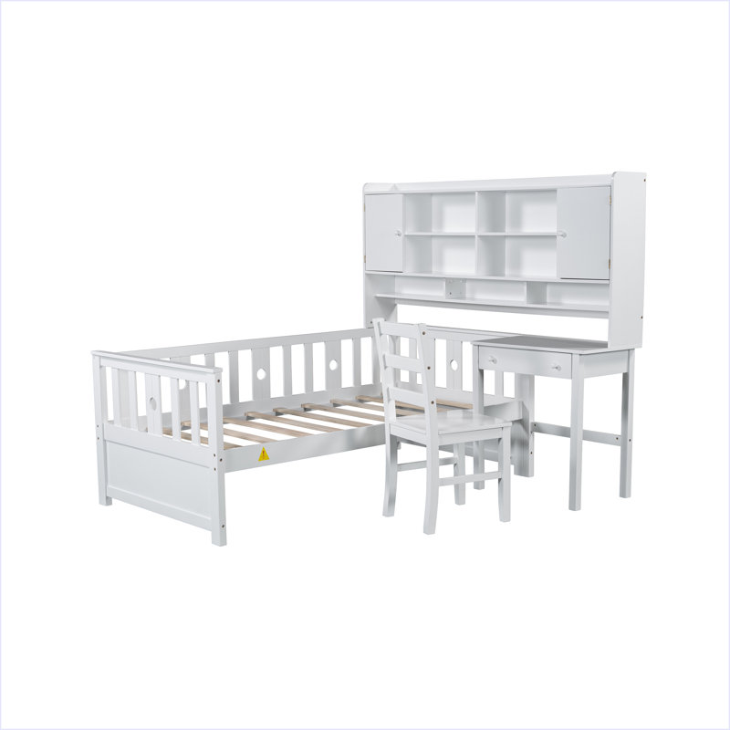 Twin Size Multifunctional Wood Platform Bed With Bookshelf At The Head Of The Bed, White