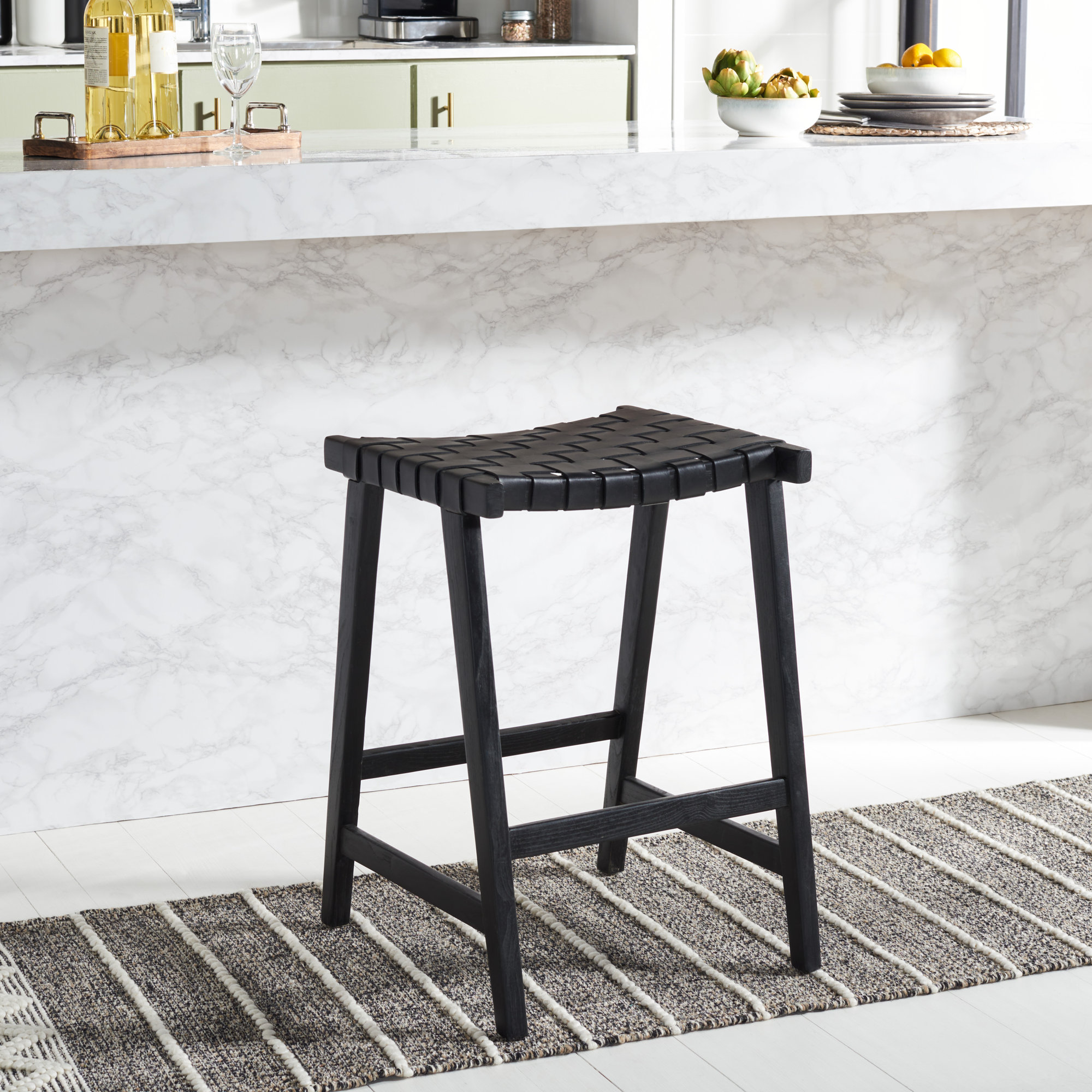 Alston Backless Leather Bar & Counter Stool, Black, Black, Counter Stool (26.77” Seat Height)