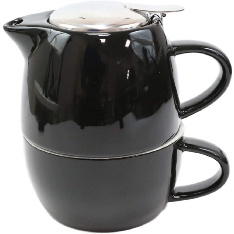Ensemble de théière empilable Winston Porter en céramique contemporaine colorée 20 oz avec tasse assortie infuseur en acier inoxydable et couvercle comme ensemble de théière de décoration de salle à manger (noir brillant)
