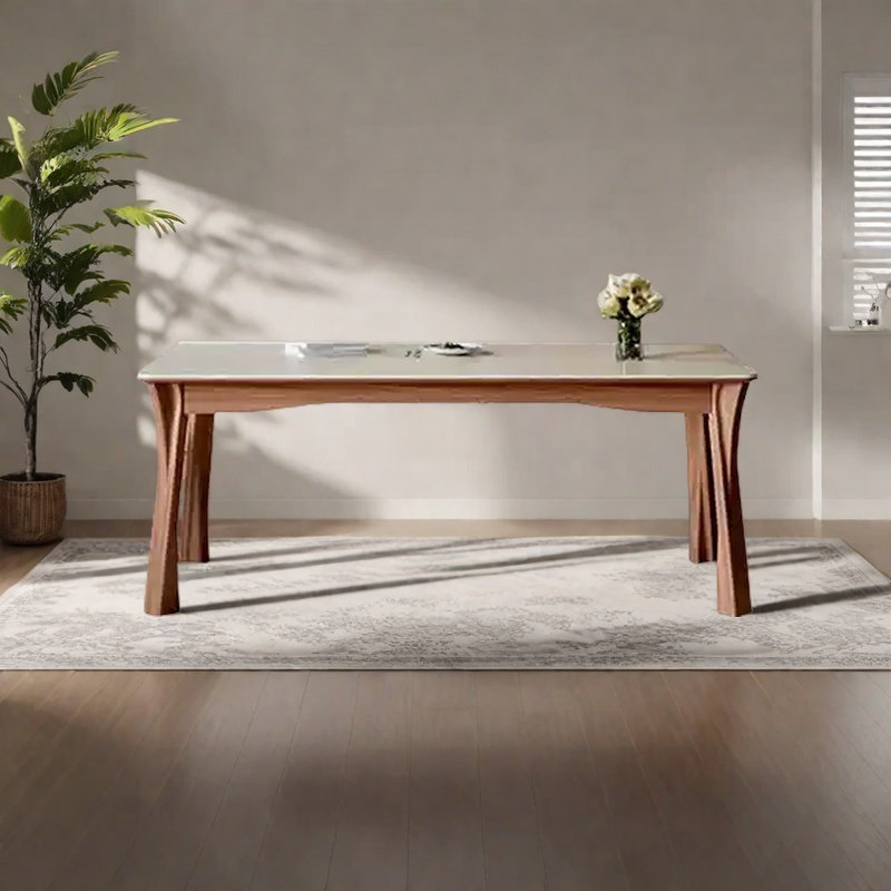 A stone dining table with a beechwood frame, Brown/Light Beige, 29.5"H x 55.1"L x 31.4"W