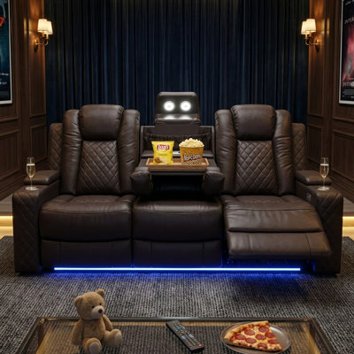 Tiertza Leather 82" Wide Power Reclining Sofa W/ Wireless Charger & Tray Table