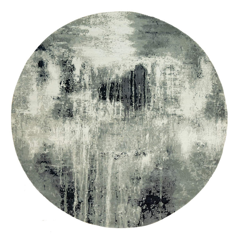 8'x8' Ebony Black Abstract Design Wool and Silk Hand Knotted Round Rug