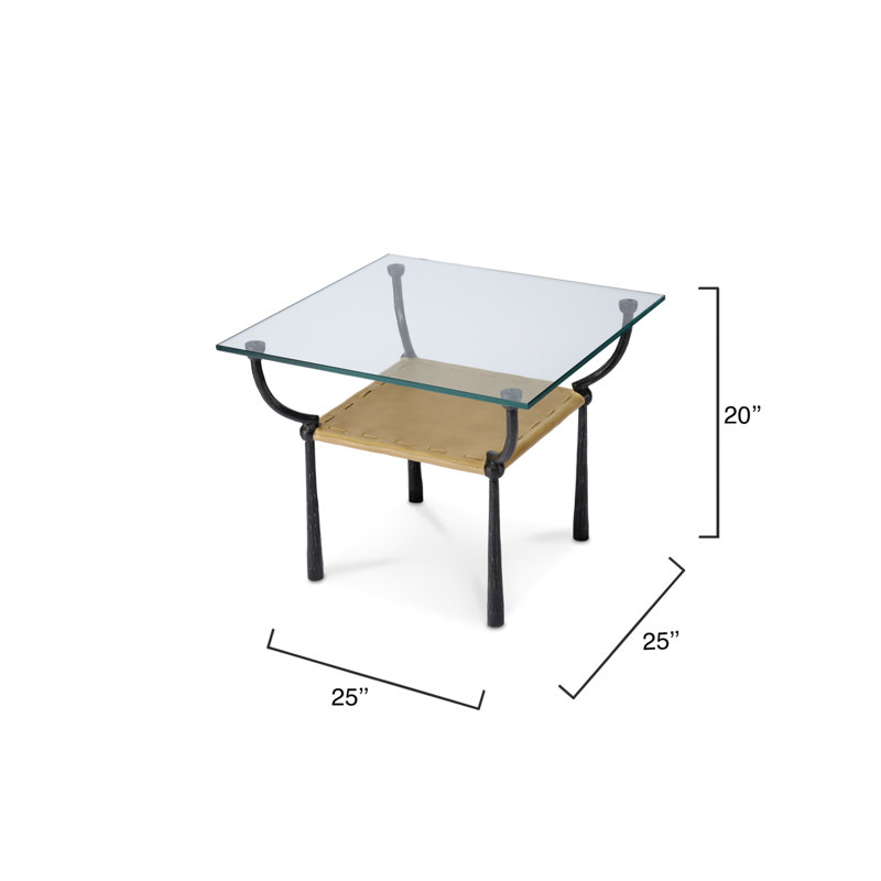 Black Iron and Glass Side Table with Leather Shelf
