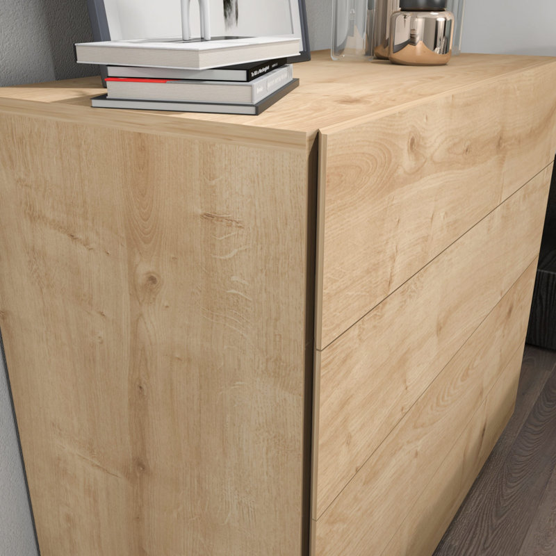 Commode élégante en chêne, 35,4 po x 17,7 po x 32,2 po | 100% panneau de particules enduit de mélamine, épaisseur: 0,7 pouce | Solution de rangement robuste de style brun traditionnel traditionnel pour la chambre à coucher ou le salon