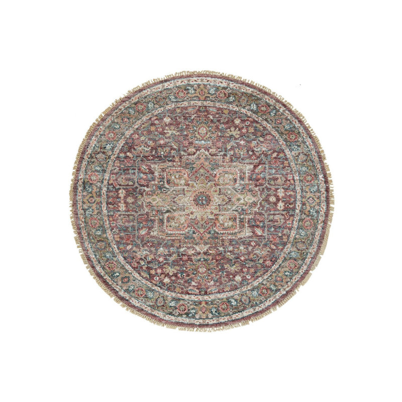 Tapis oriental rond en laine noué à la main 5 pi x 5 pi rouge grenat Heriz 5A x 2 pi