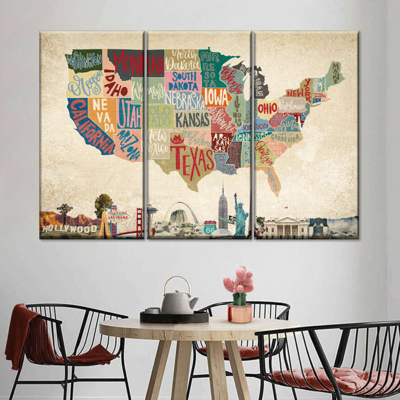 Ensemble de 3 cartes rétro USA sur toile, H 24 po x l 38 po x 1,25 po