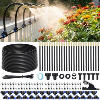 100FT 5/16" Drip Irrigation System,Garden Irrigation Kit with 25pcs 360°Adjustable Bendable Copper Misting Nozzles,Atomizing Watering System for Lawn, Raised Bed,Greenhouse,Outdoor Cooling
