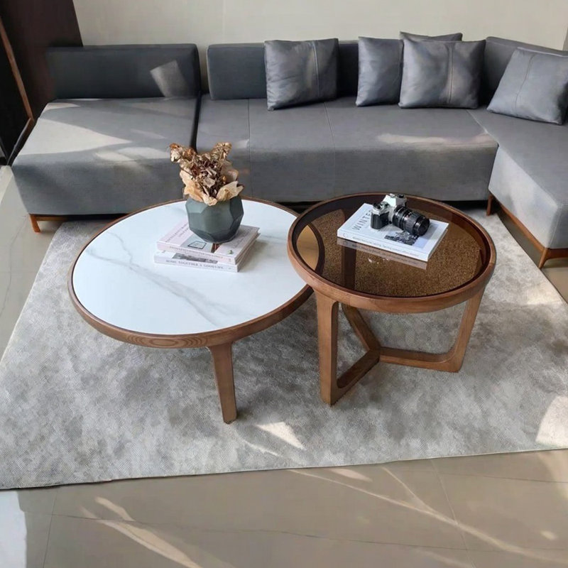 Round Coffee Table Set, White/Brown Transparent