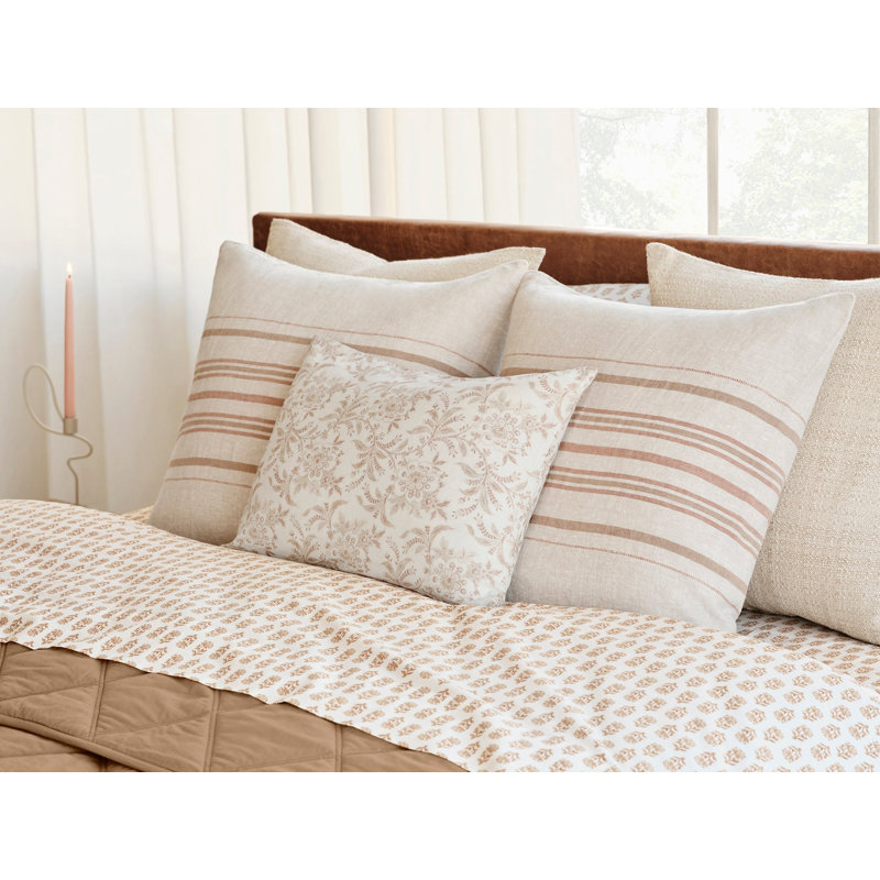 Mojave Organic Linen Linen Square Pillow Cover, Khaki/Espresso Stripe