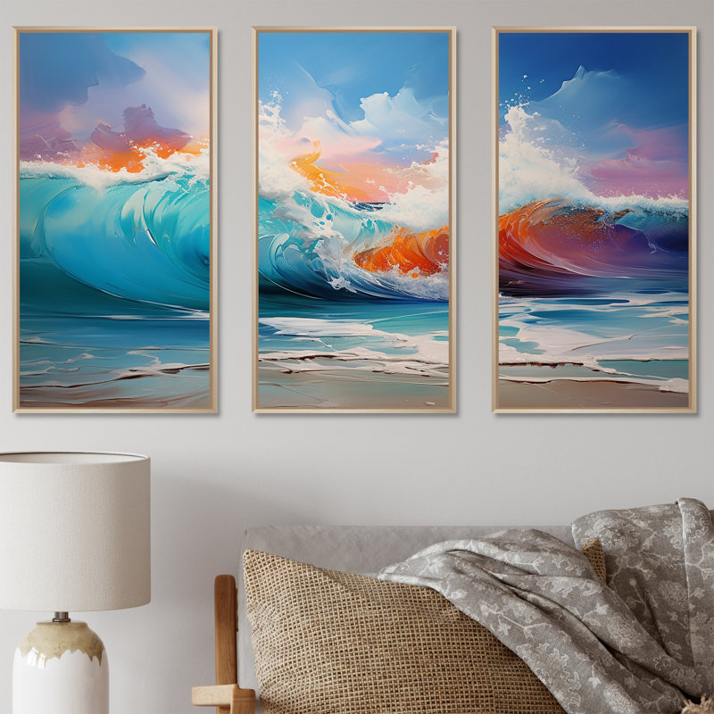 Shoreline Waves Sunset 3 - art mural vagues côtières, Cadre flottant brun, H 32 po x l 48 po x P 1 po